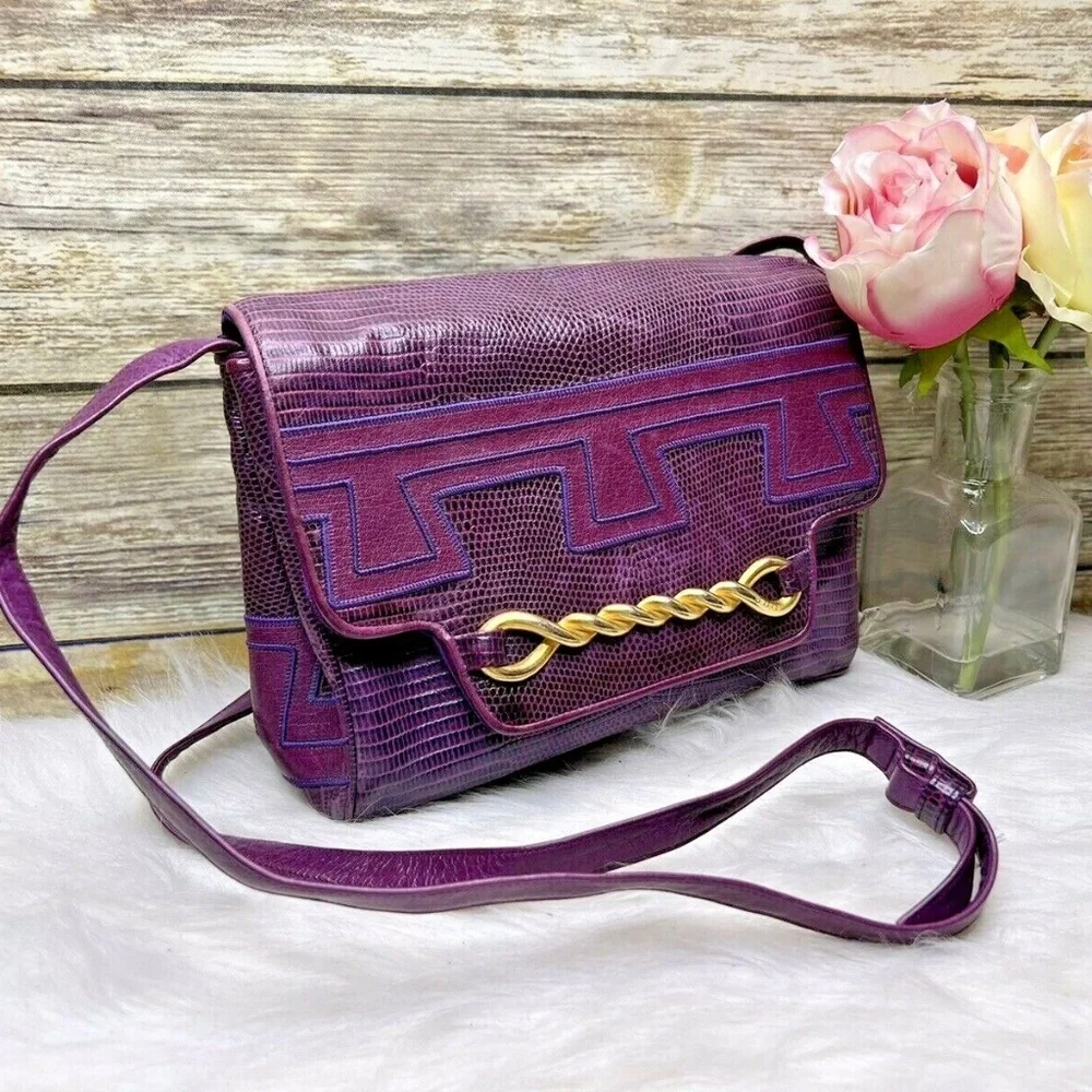 Vntg Sharif Purple Snakeskin Embossed Leather Purse Shoulder Bag Crossbody - Picture 1 of 12